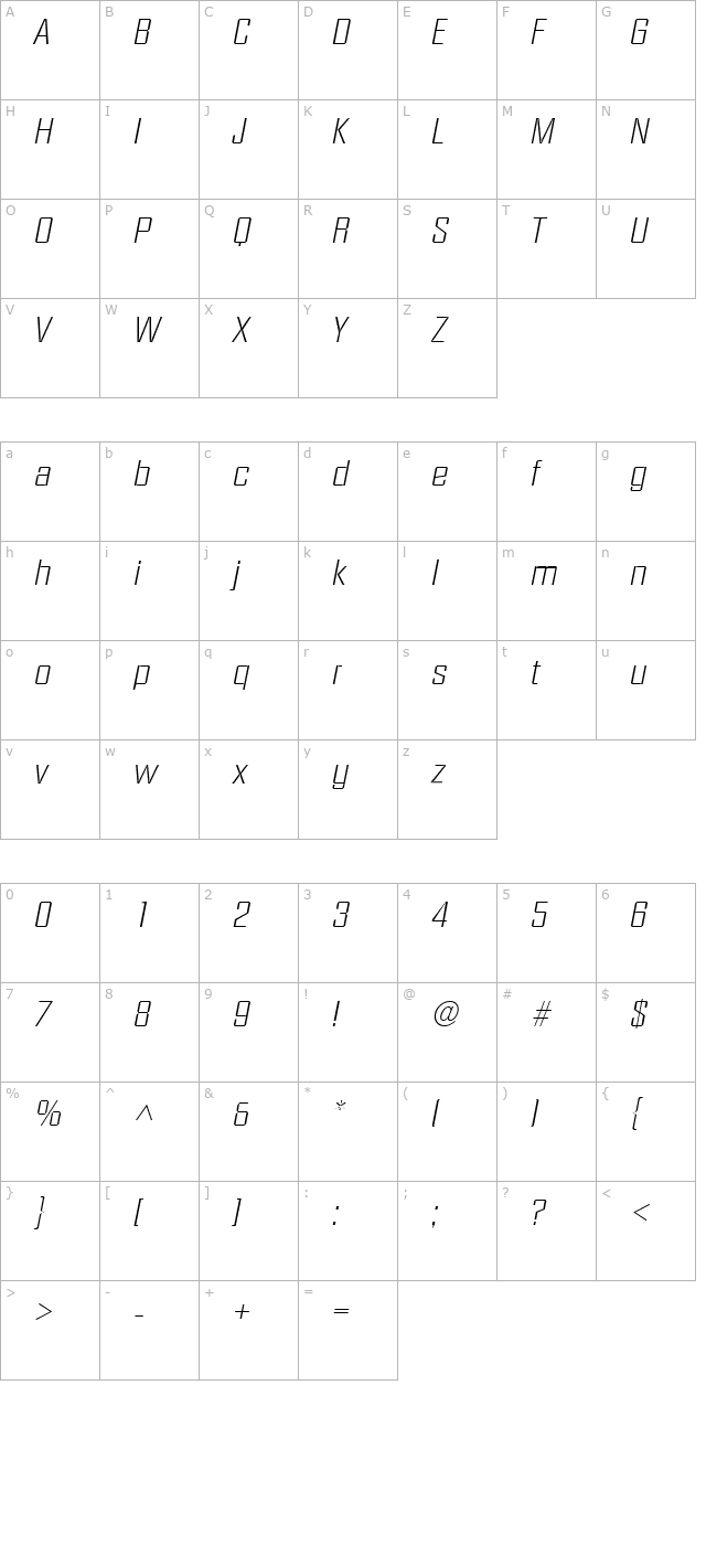 Diamond Light SF Italic character map