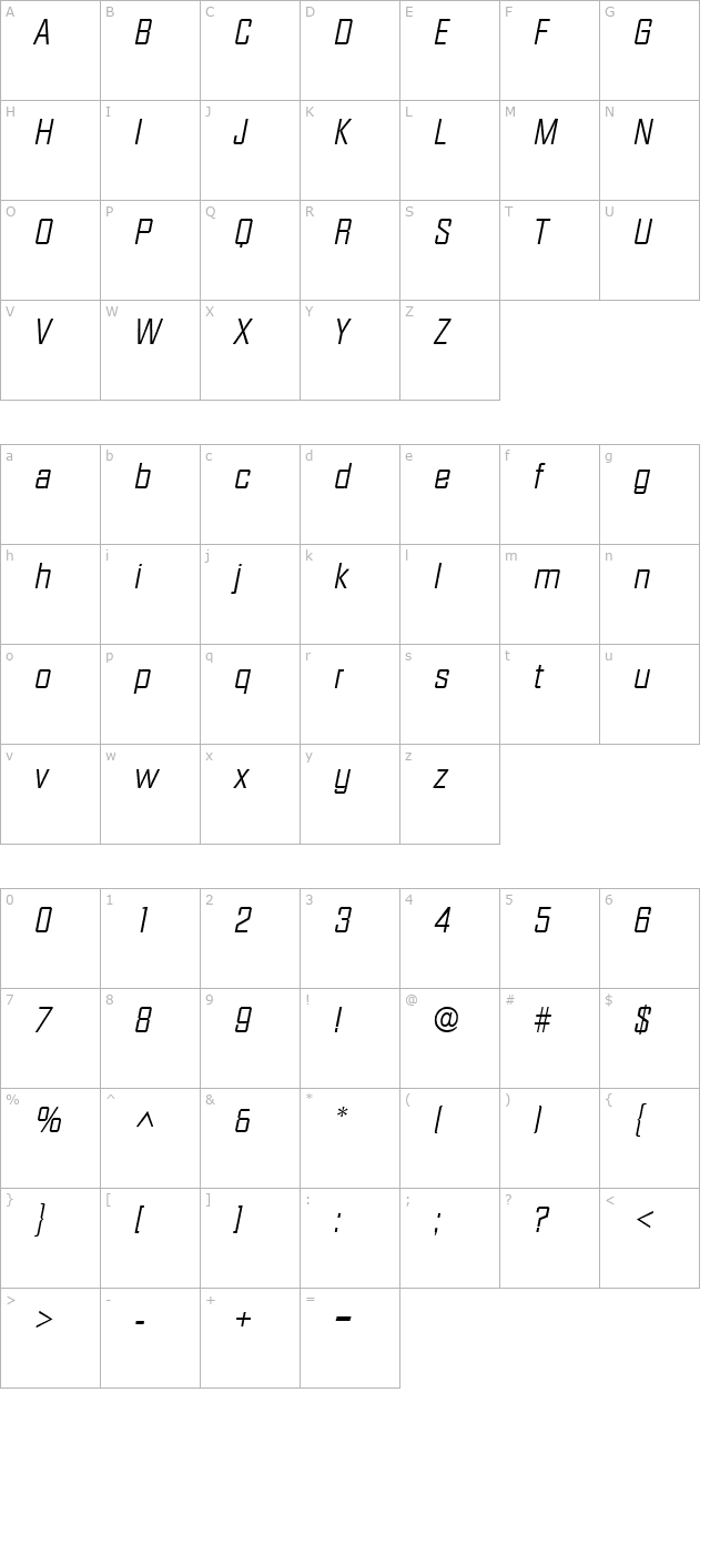 Diamond SF Italic character map