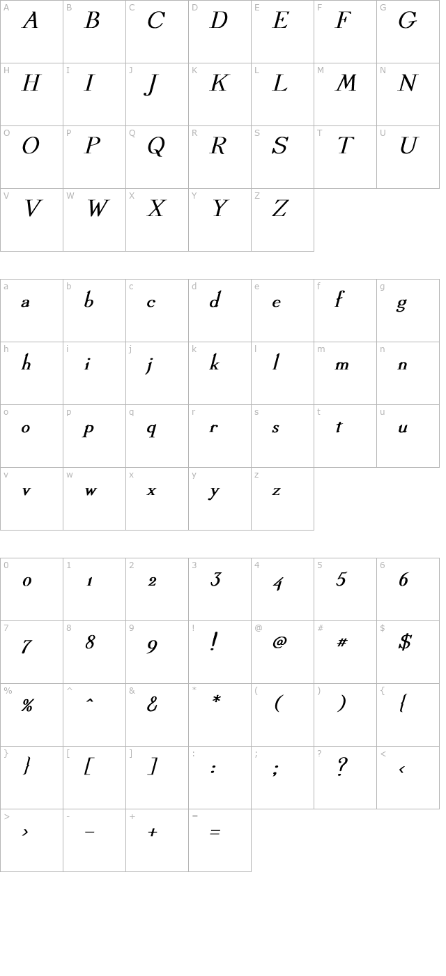 Dickens Bold Italic character map