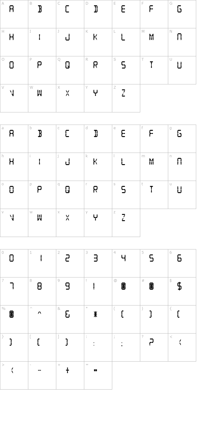 Digital Readout Thick Upright character map