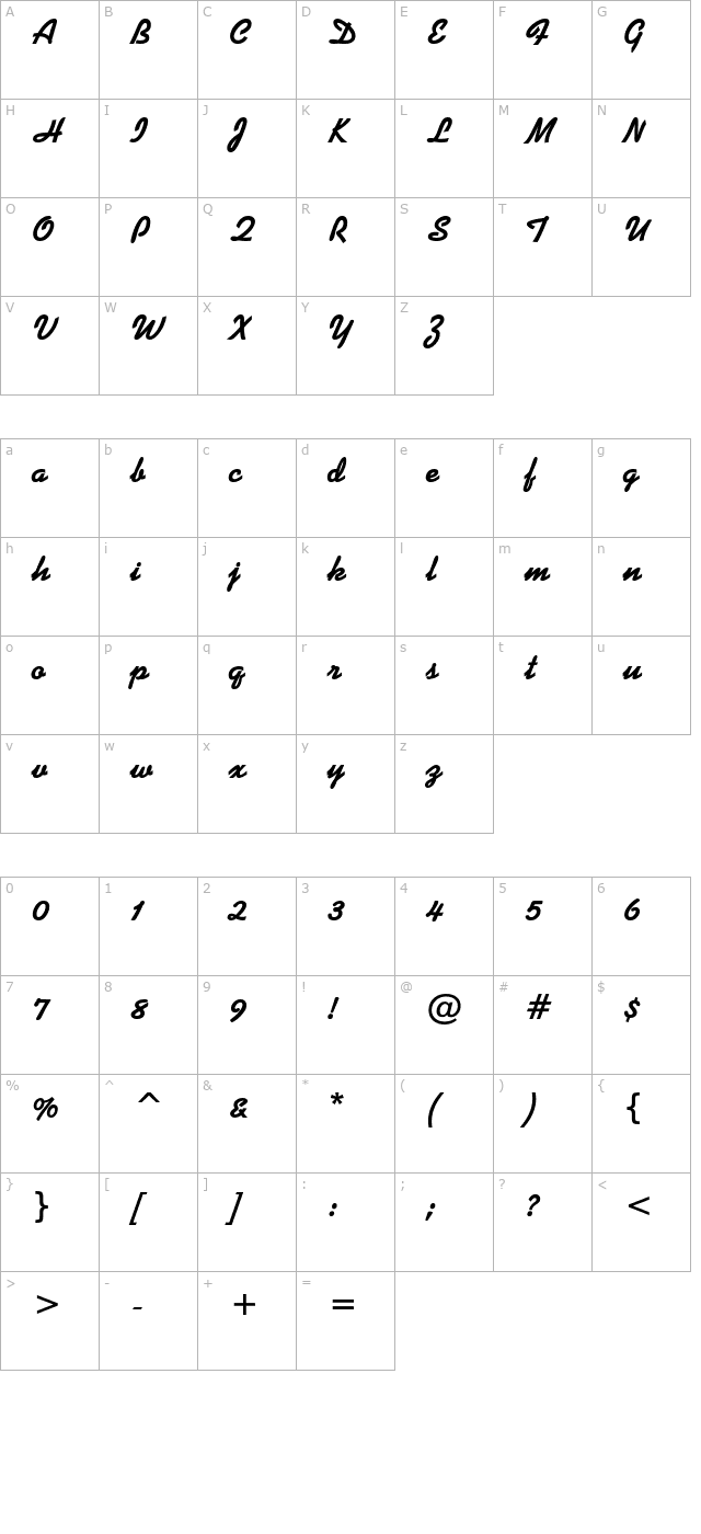 dinerscript-bold character map