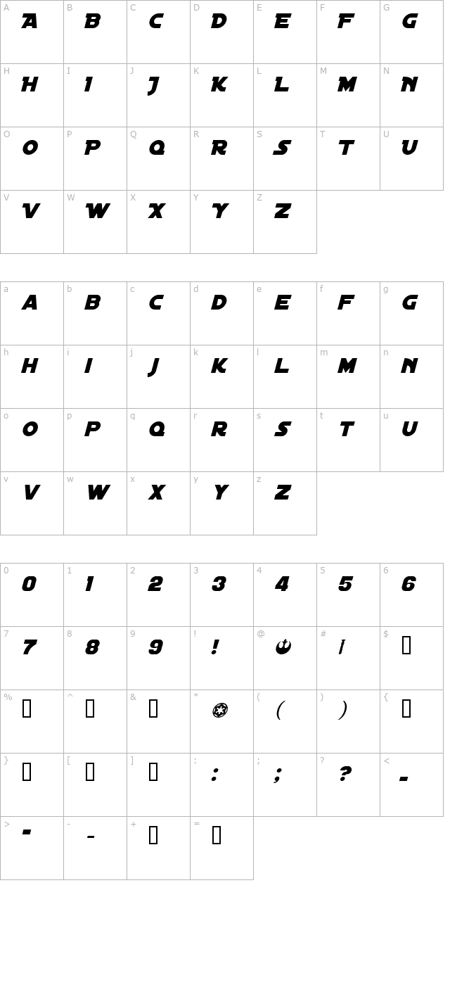 Distant Galaxy Italic character map