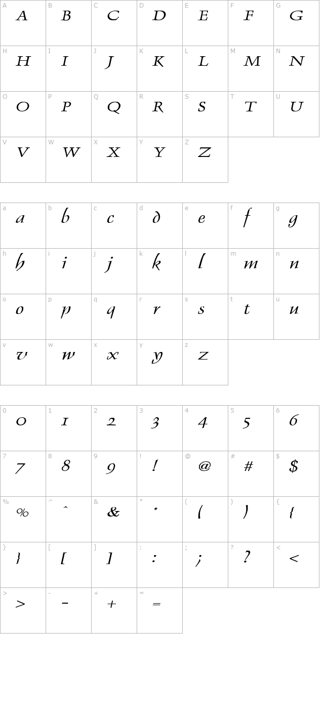 Dolphin Wide Italic character map