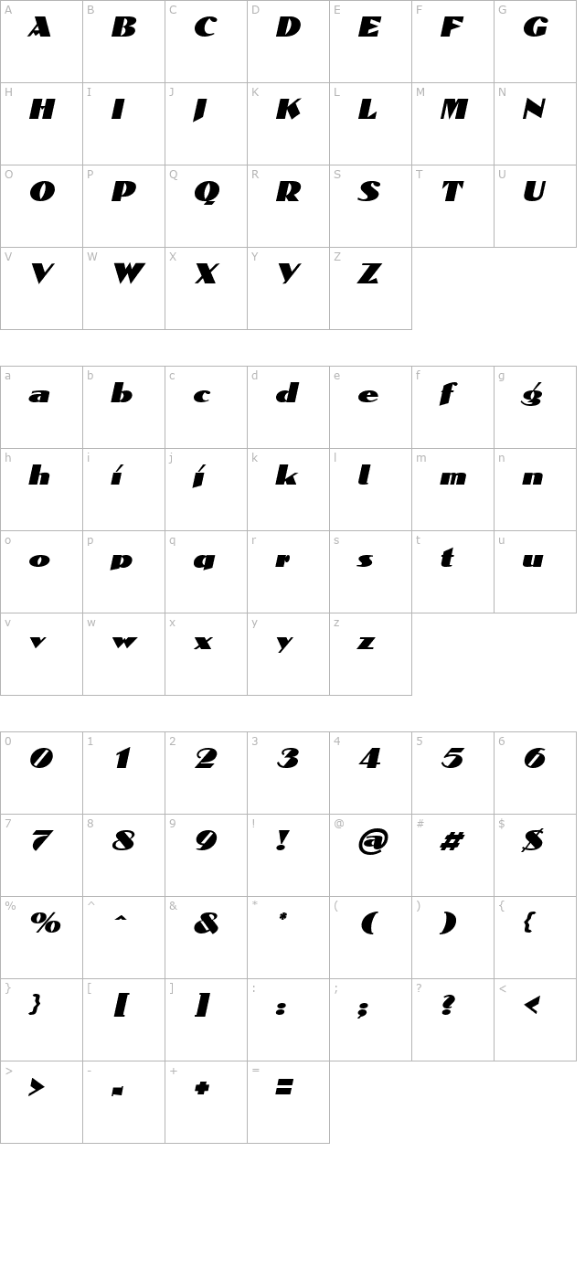 Domaign Italic character map