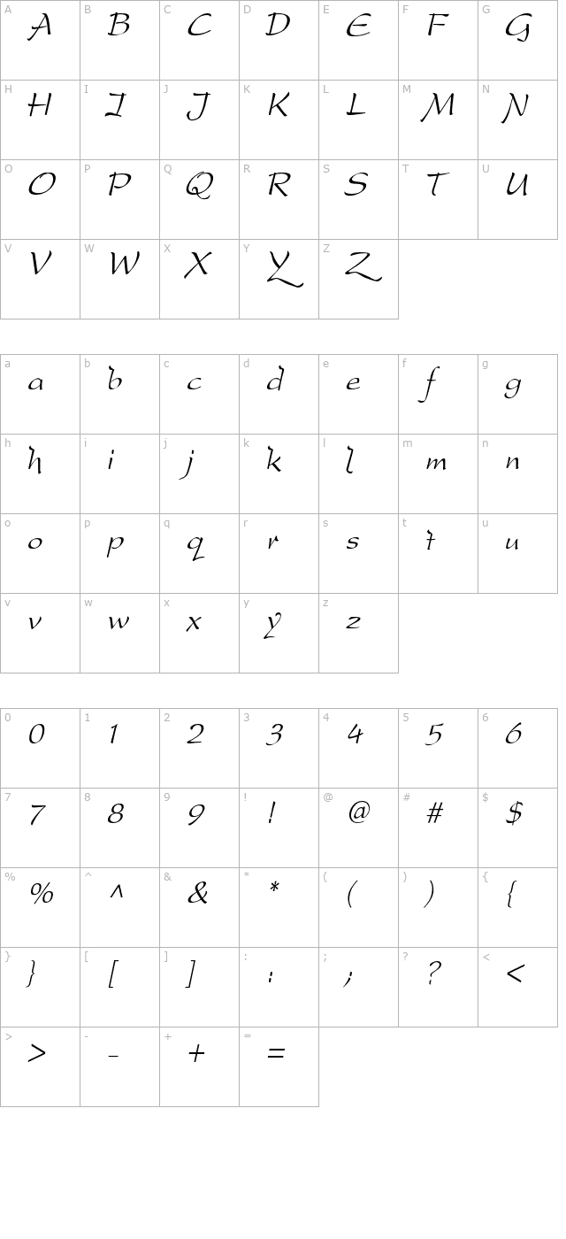 dreamerone-italic character map