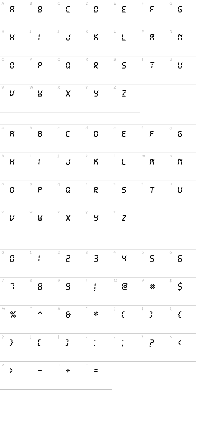 DS-Digital Bold Italic character map