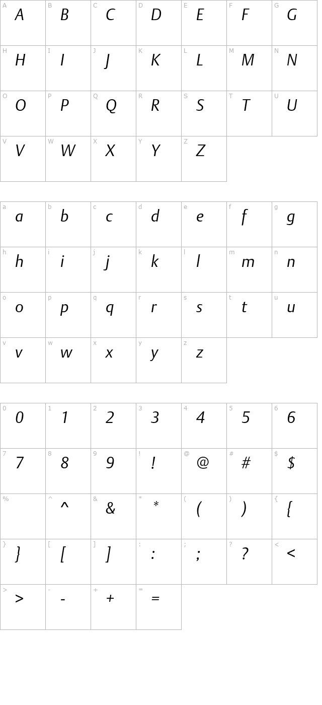 dtlargot-lightitalic character map