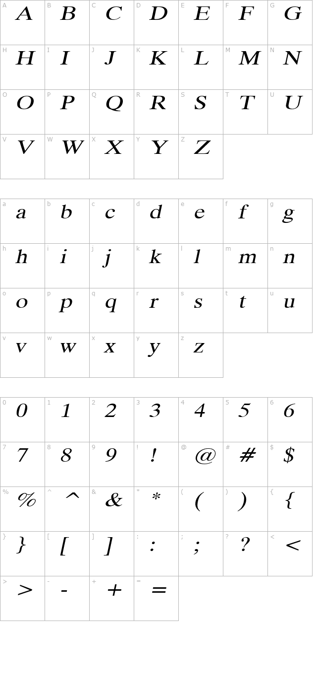 Duke Extended Italic character map