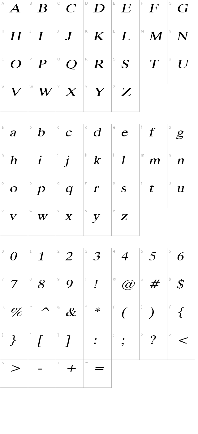 duke-extended-italic character map