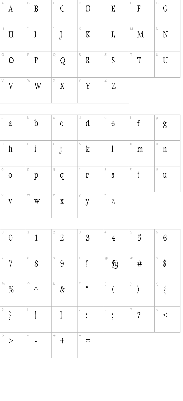 dweebo-gothic-condensed character map