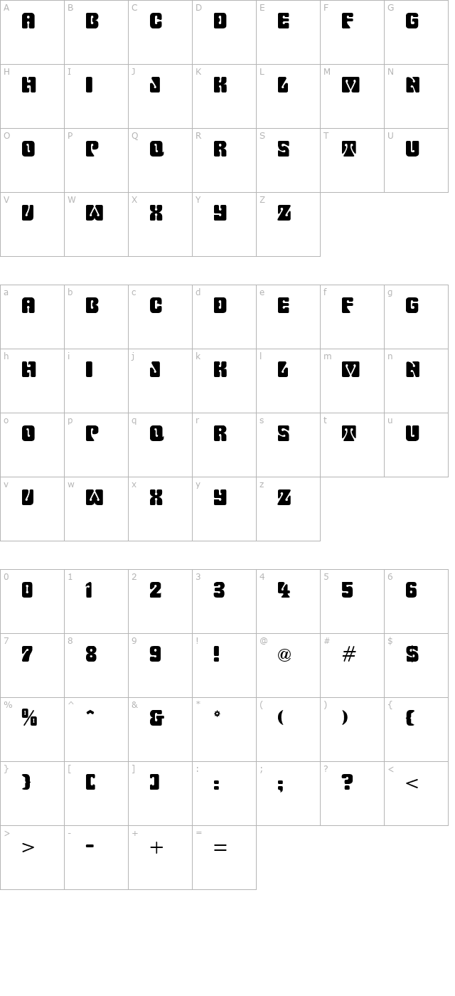 Dye-Cut Regular character map