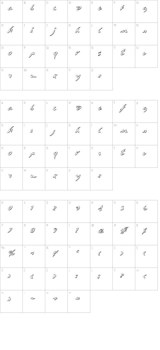 Eagleclaw 3D Italic character map