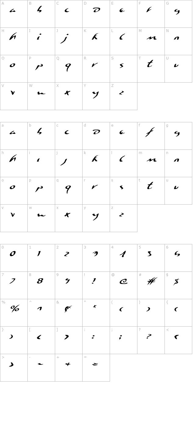 Eagleclaw Expanded Italic character map