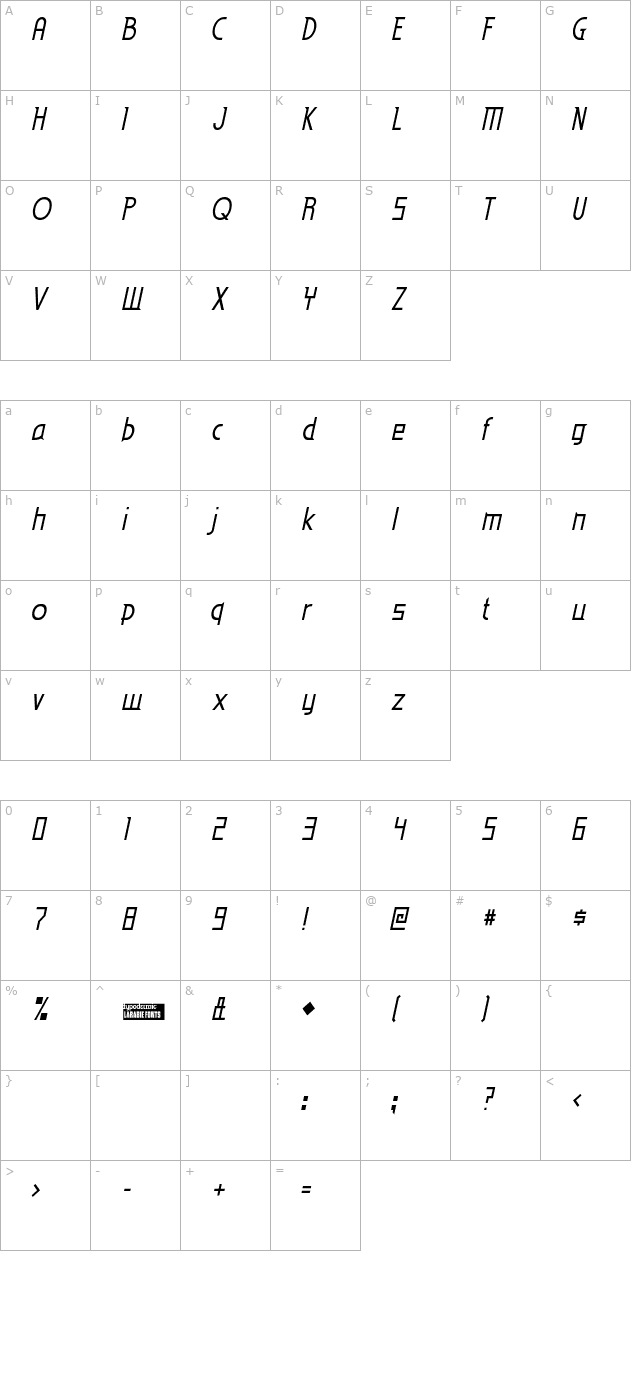 Eden Mills Italic character map