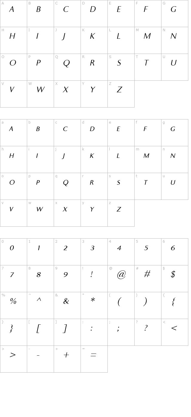 Ela Sans SemiLight Caps Italic PDF character map