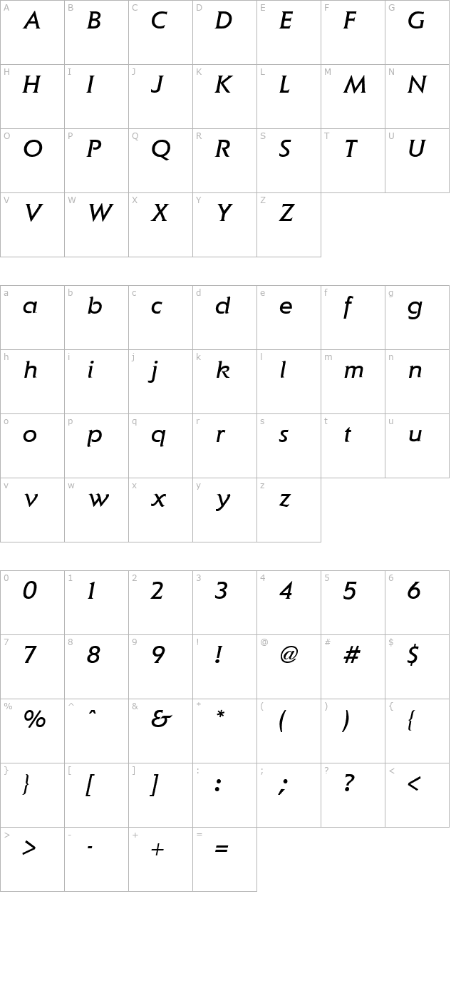 Elan Italic character map