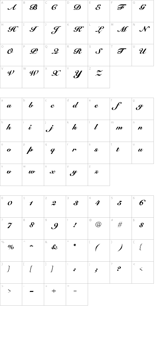 Elegant Script Normal character map