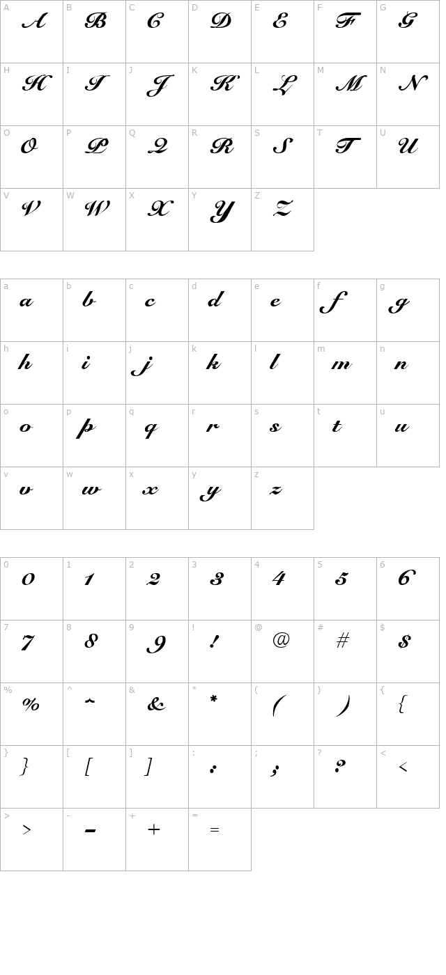 elegant-script-normal character map