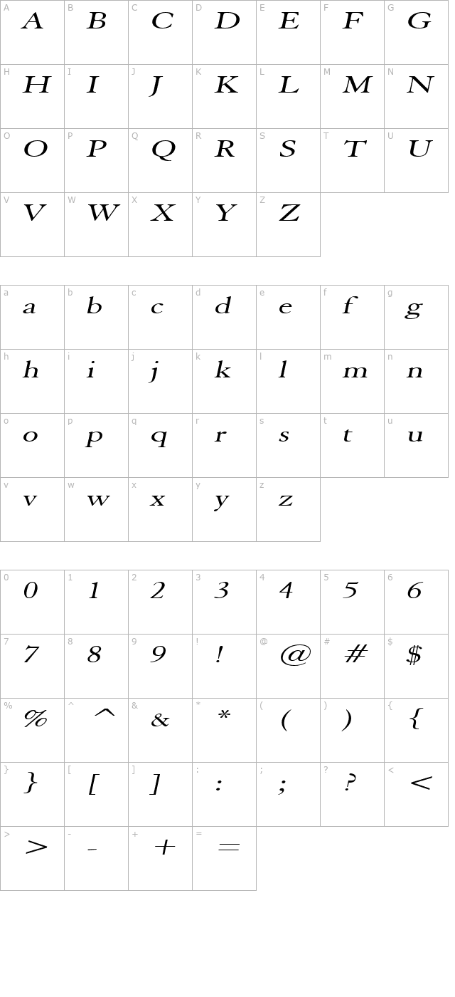 Elephant Extended Italic character map