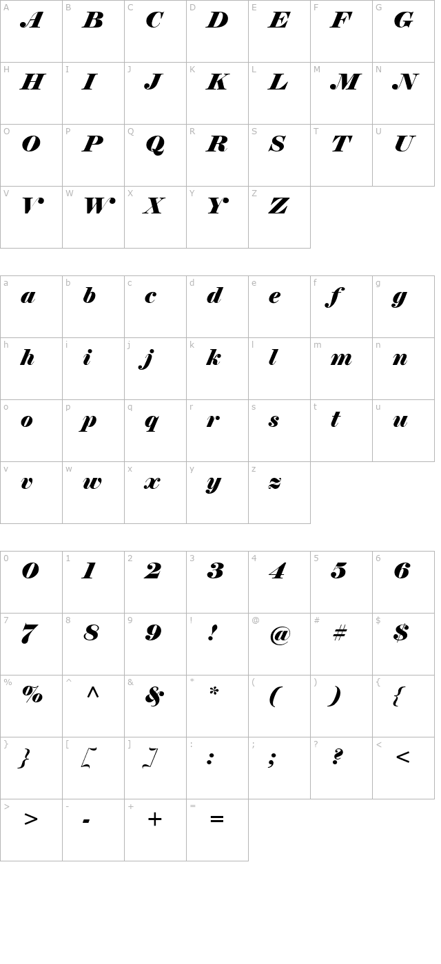 Elephant Italic character map