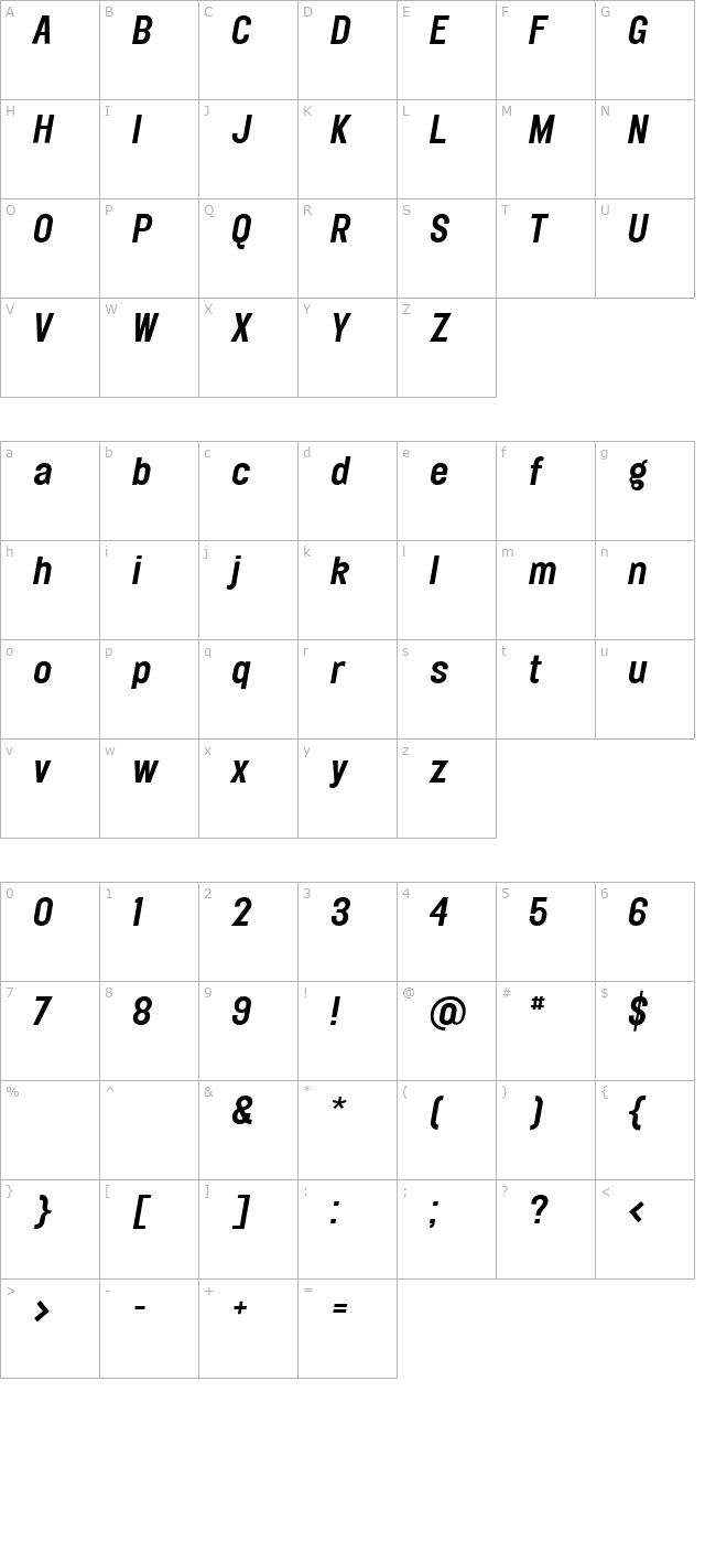 Elephant-MediumOblique character map