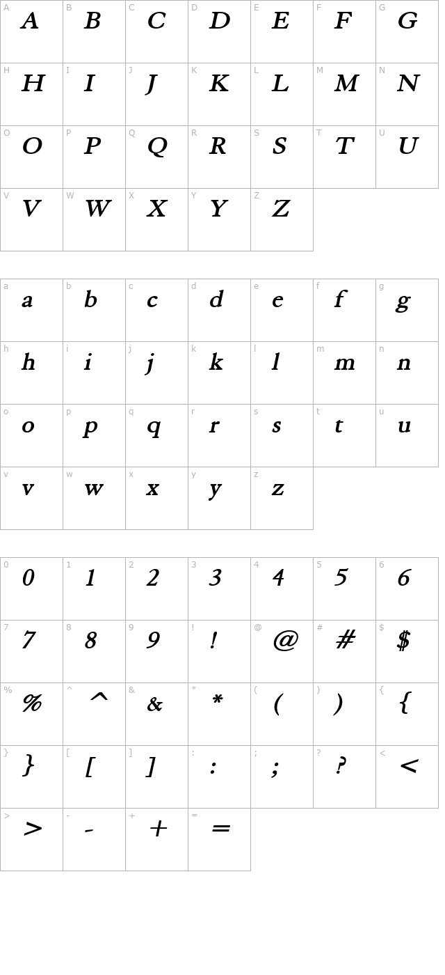 Elephant Wide BoldItalic character map