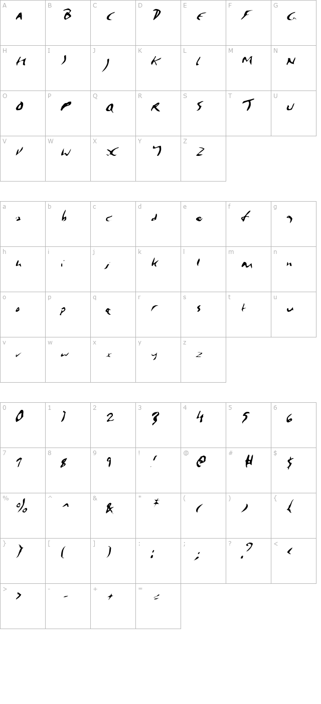 Elmore Italic character map