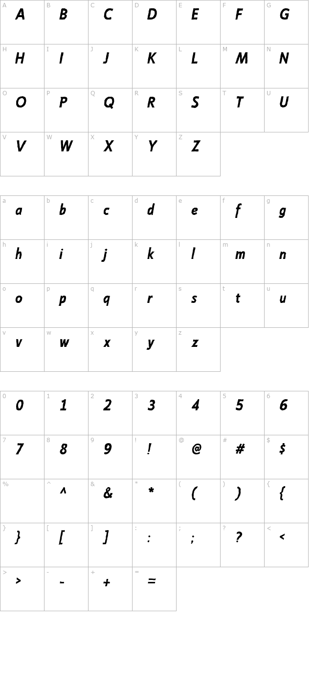 Emory-BoldItalic character map