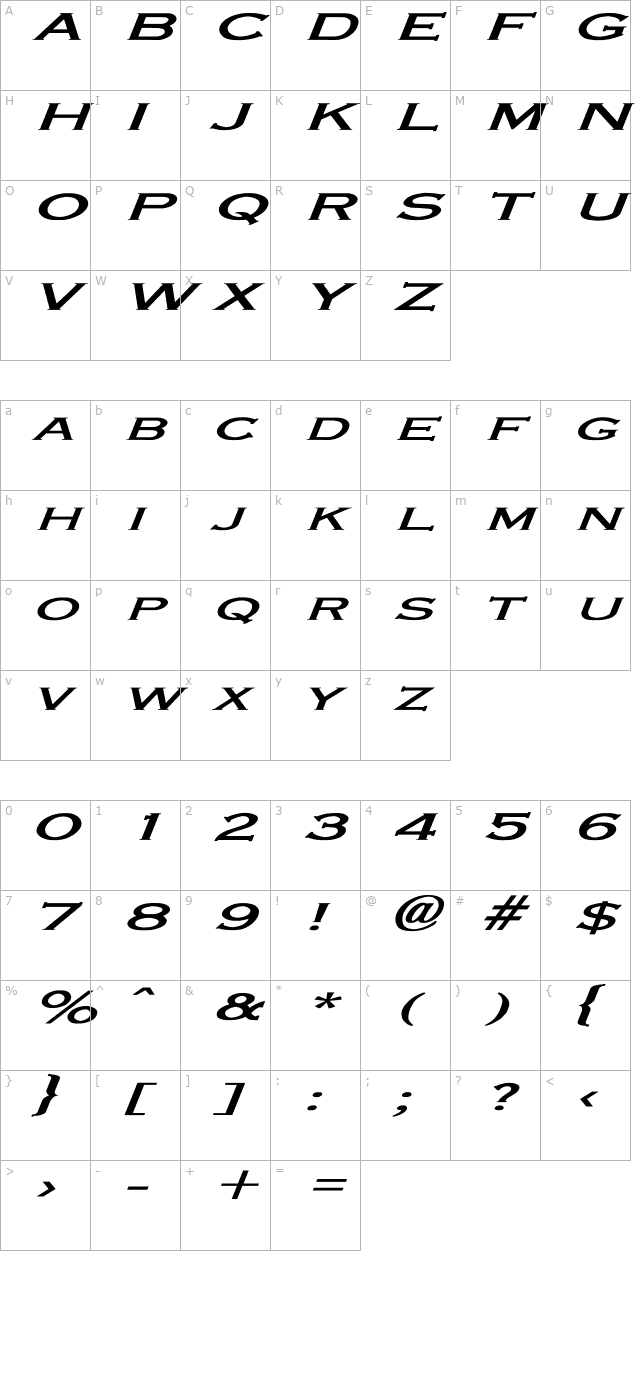 Engraver-Light Ex Bold Italic character map