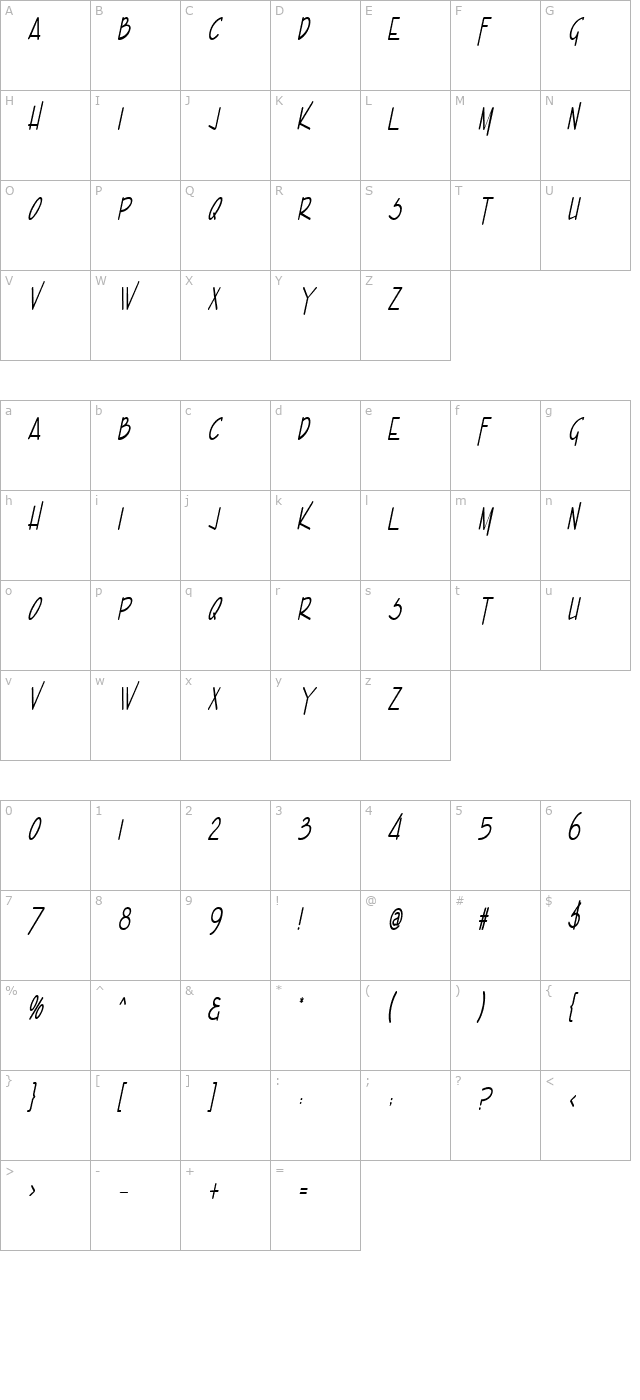 enview-xtra-light-bolditalic character map