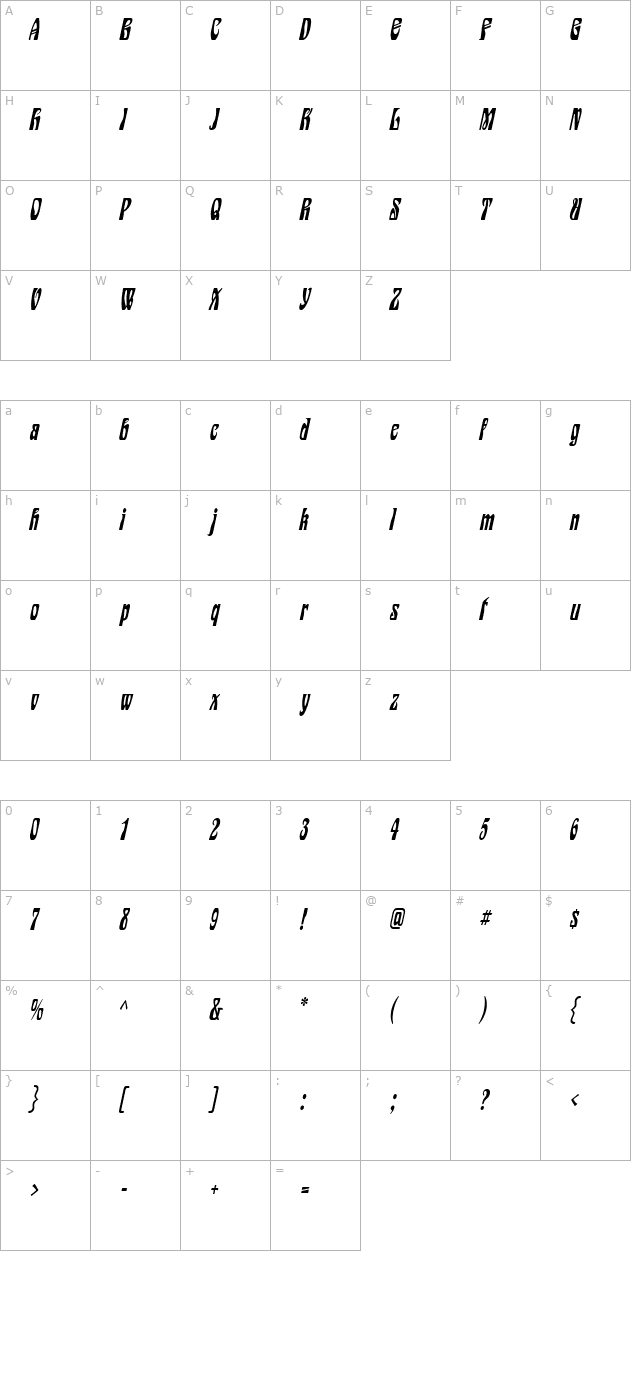 Epic Condensed Italic character map