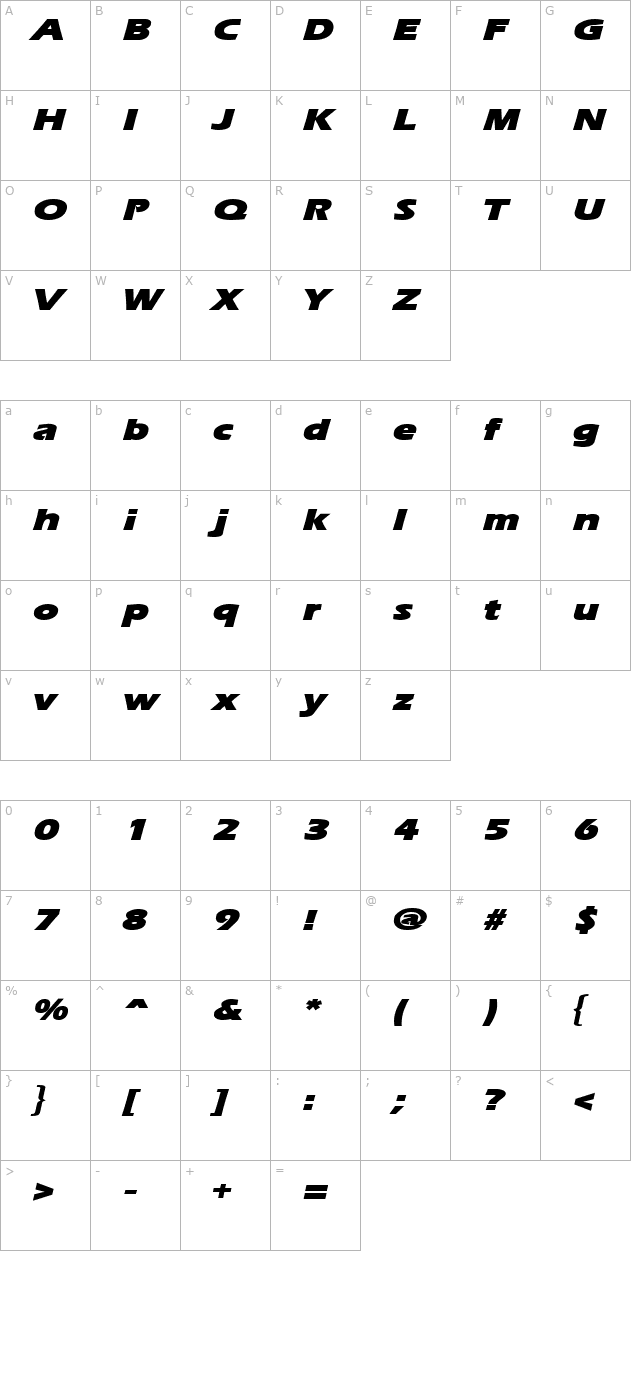 Ergoe-Mild Black Expanded Italic character map