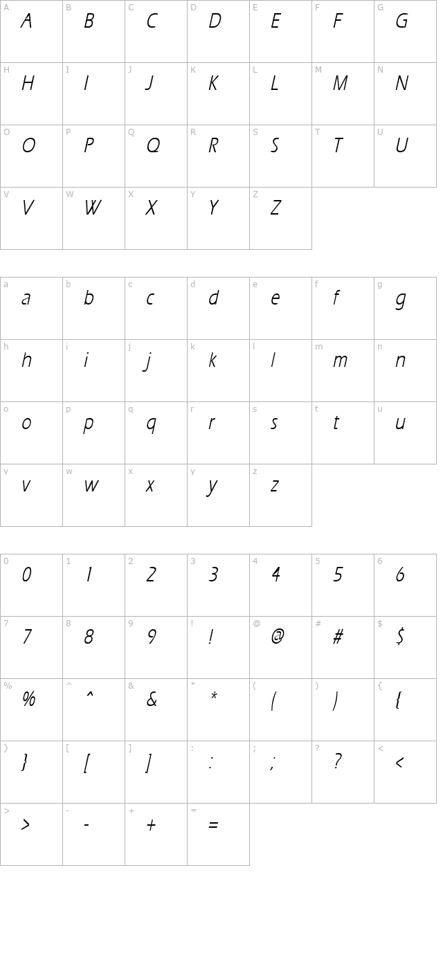 ErgoeCondensed Italic character map