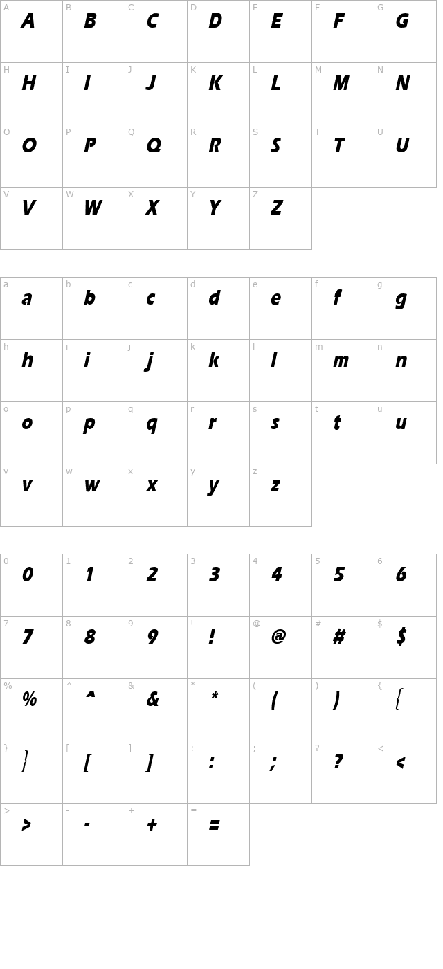 ErgoeExtraboldCond Italic character map