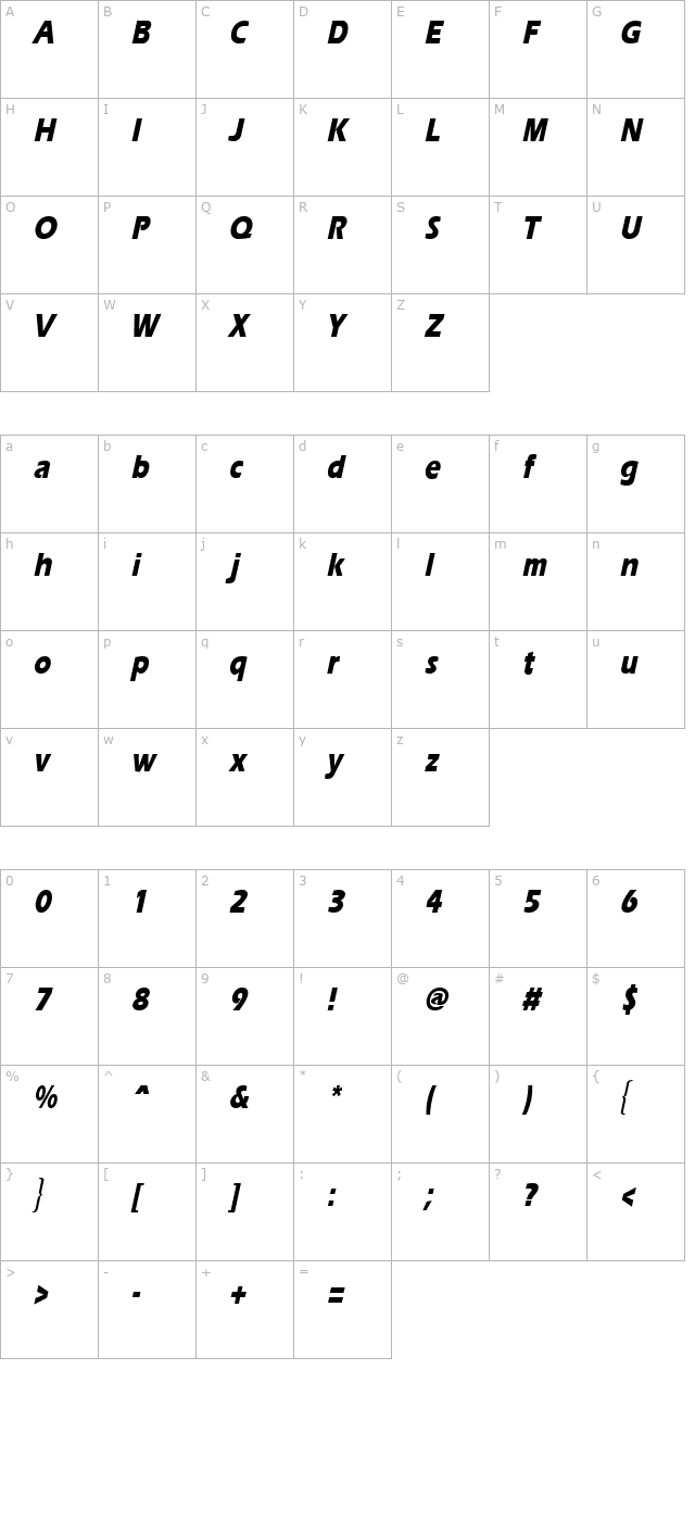 ergoeextraboldcond-italic character map