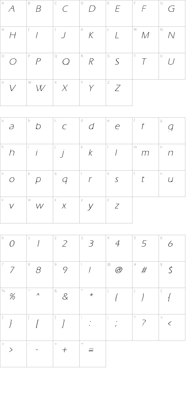 ergoelight-italic character map