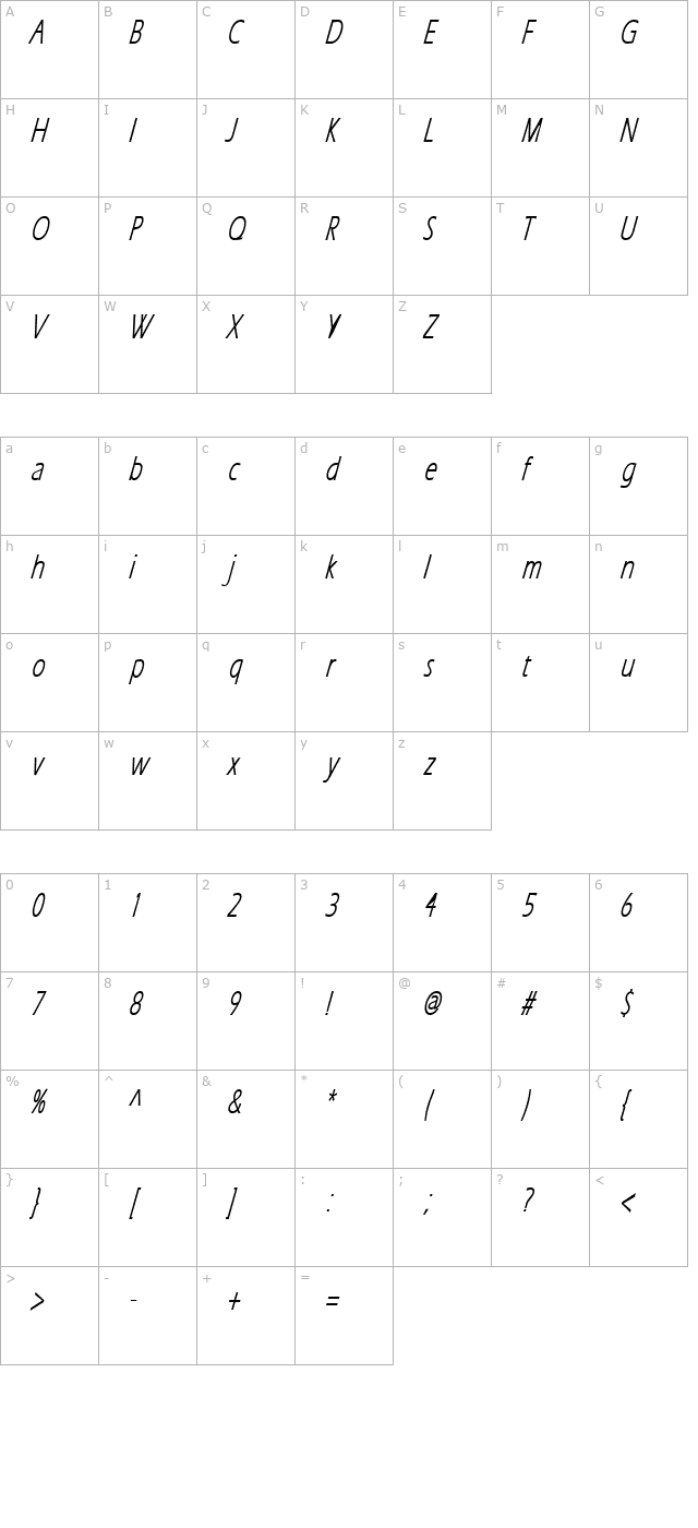 Eric Lite BoldItalic character map