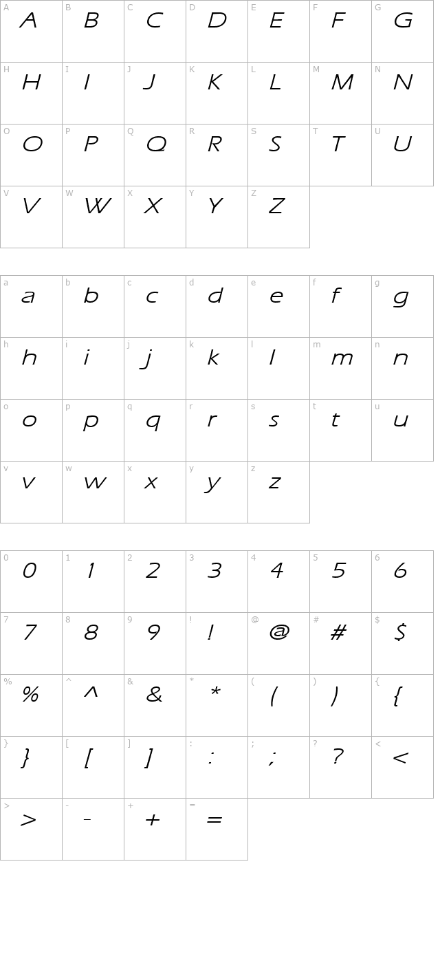 Eric Lite Extended BoldItalic character map