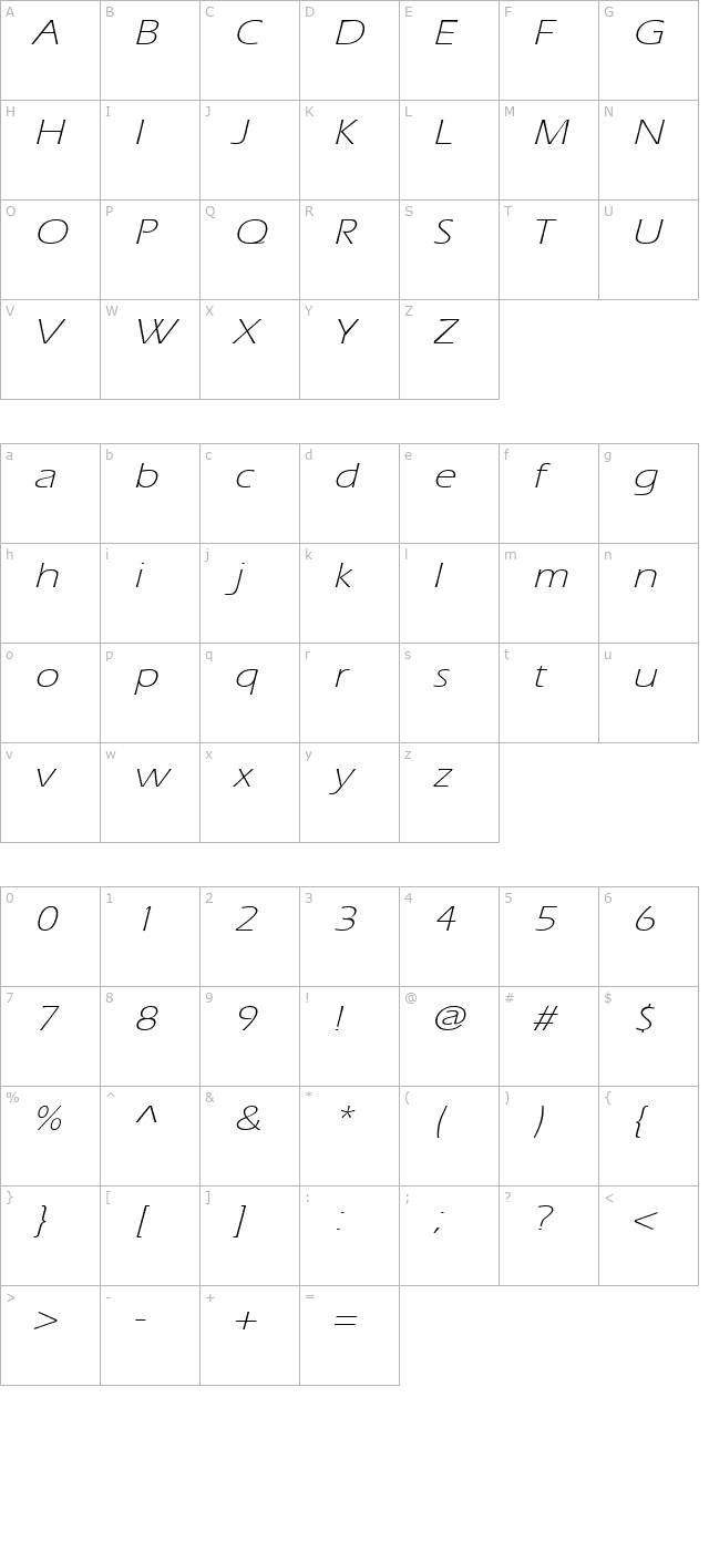 Eric Lite Extended Italic character map