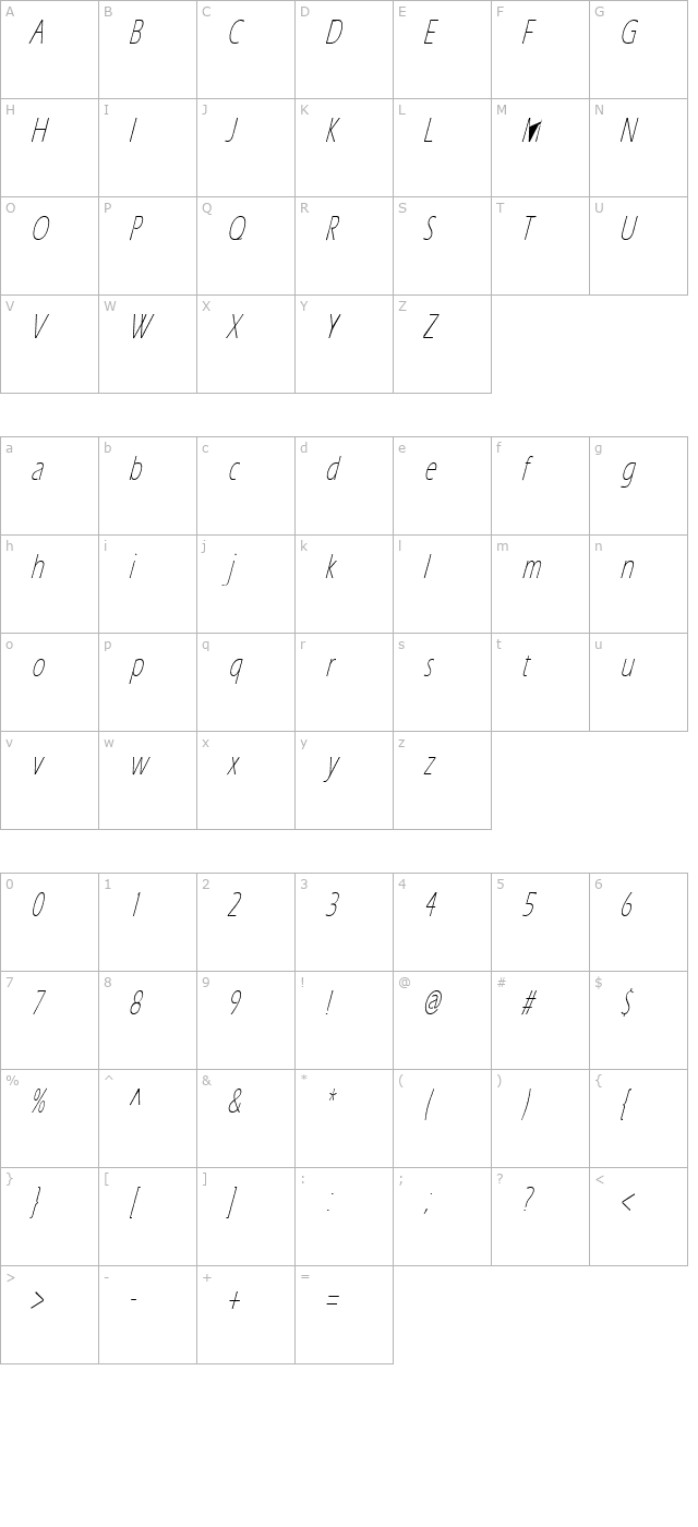 Eric Lite Italic character map