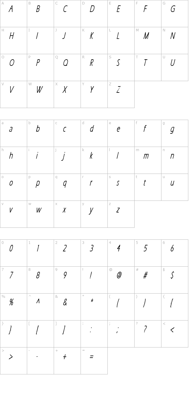 Eric Lite Thin BoldItalic character map