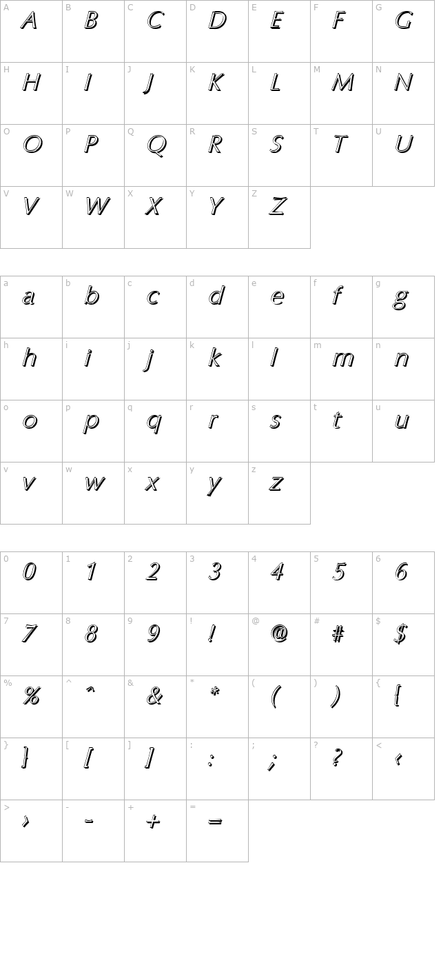 ericbeckershadow-xlight-italic character map