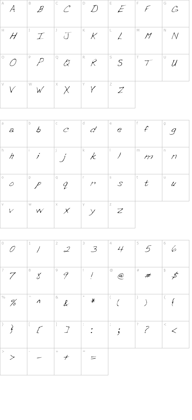 erinshand-regular character map