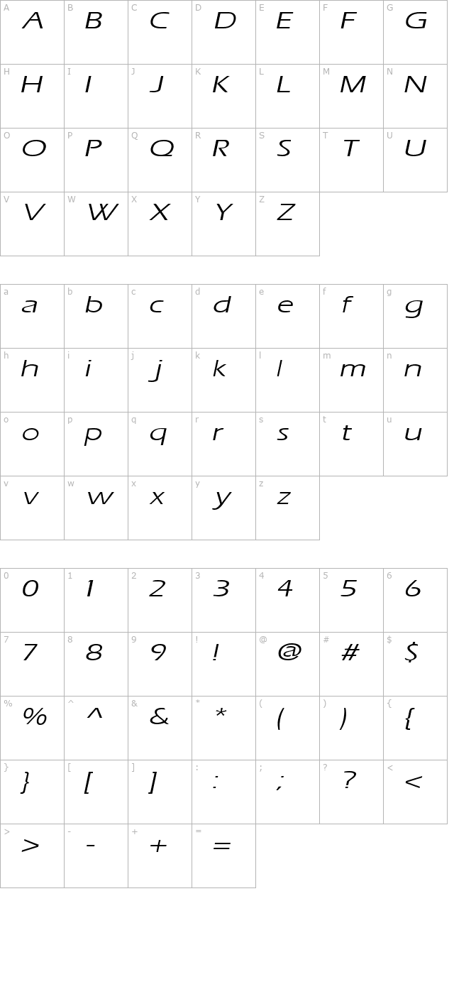 ErosExtended Italic character map