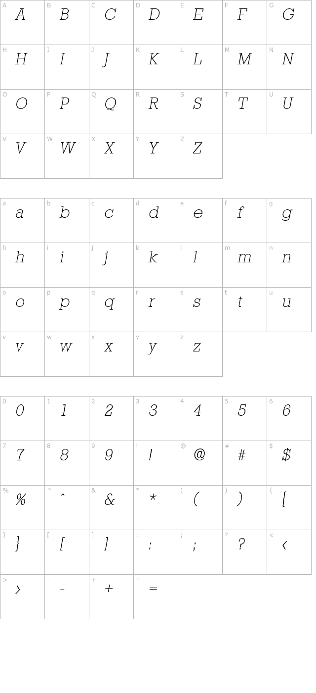 EugeneBecker-ExtraLight Italic character map