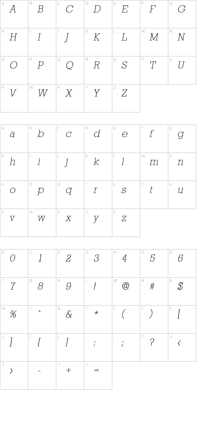 eugenebecker-extralight-italic character map