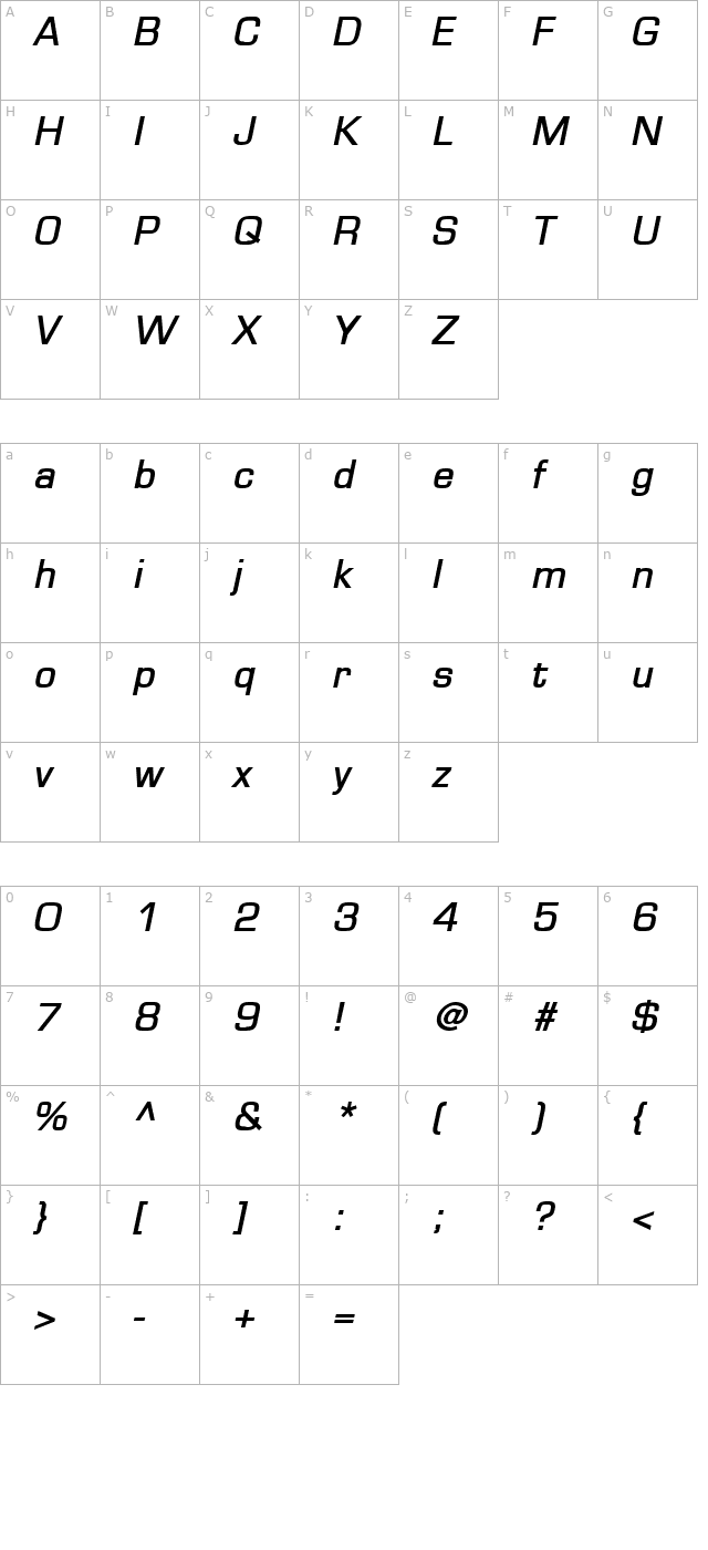 Eurasia Wide BoldItalic character map