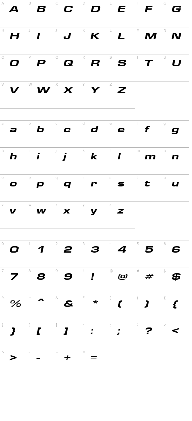 EuroseHeavyface Italic character map
