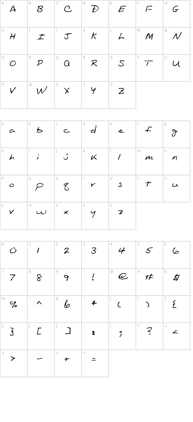 EvansHand Regular character map