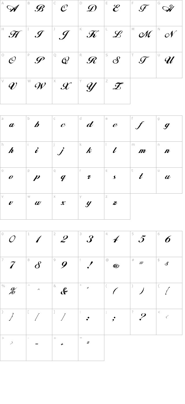 Excalibur Script character map